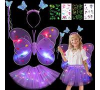 TaimeiMao Ailes De Fée Enfant,Ailes De Papillon Déguisement Enfant,Baguette Magique,Tatouage Temporaire Papillon,pour Fille Carnaval Cosplay Party Fête (Pourpre)