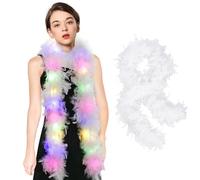 TaimeiMao Boa en plumes - Décoration de carnaval pour femme - Blanc - 2 m - Avec 20 LED - Écharpe à plumes colorées - Accessoire de costume pour carnaval, Halloween, cosplay, Noël, boa à plumes, Blanc