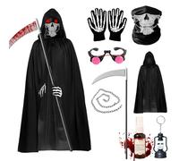 TaimeiMao Costume Halloween de Faucheur avec Yeux Brillants,Faucille,Gants,Faux Sang,Capuchon,Cape de Vampire pour Enfants Adulte,Déguisement de Fantôme pour Halloween Cosplay (Adultes : 150)