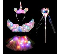 TaimeiMao Déguisement Licorne Lumineux Ailes de Plumes Coloré avec Serre-tête,Baguette Magique LED Tutu Jupe Tulle Ailes d'ange pour Halloween Carnaval, Réservé aux 15 ans et plus