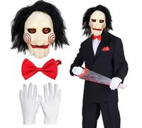 TaimeiMao Ensemble Masque Halloween Saw Jigsaw avec Gants et Cravate, en Latex, Kit Horrifique Effrayant Parfait pour Halloween, Masque Horreur à Porter, Convient aux Hommes et aux Femmes