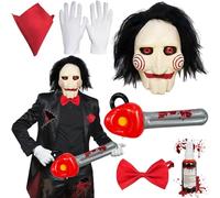 TaimeiMao Ensemble Masque Halloween Saw Jigsaw avec Masque D'horreur Effrayant, des Gants, une Cravate, un Mouchoir, un Spray de Faux Sang et une Scie Gonflable. Cosplay d'Halloween unisexe.