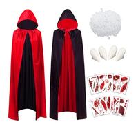 TaimeiMao Vampire Cape Capuche Adultes,Cape de Vampire Rouge Noir,Noir Rouge Réversible Cape,Double Face Manteau de sorcière Costume 170cm,Avec des dents, des autocollants de tatouage