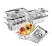 TAIMIKO Bac GN Gastronorm Lot de 6 récipients de poêle en acier inoxydable de 100 mm de profondeur avec couvercle pour bain marie traiteur 1 mm d'épaisseur (1/3, 6 pièces, avec couvercle)
