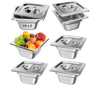 TAIMIKO Bac GN Gastronorm Lot de 6 récipients en acier inoxydable de 100 mm de profondeur - Pour bain Marie - 1 mm d'épaisseur (1/6 poêle, 6 pièces, avec couvercles)