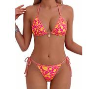 Tainehs Ensemble Bikini Sexy Dos Nu pour Femme - Haut Triangle - String - Maillot de Bain Deux pièces, Orange Fleur, Taille M