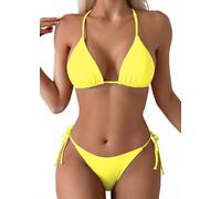 Tainehs Maillot de bain dos nu sexy pour femme, bikini avec haut triangle et string avec attaches à nouer sur les deux côtés, jaune, Taille L