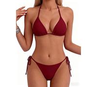 Tainehs Maillot de bain dos nu sexy pour femme, bikini avec haut triangle et string avec attaches à nouer sur les deux côtés, rouge vin, Taille L