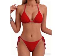 Tainehs Maillot de bain dos nu sexy pour femme, bikini avec haut triangle et string avec attaches à nouer sur les deux côtés, Rouge, Taille L