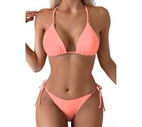 Tainehs Maillot de Bain Dos Nu Sexy pour Femme, Bikini avec Haut Triangle et String avec Attaches à Nouer sur Les Deux côtés, Orange Fluo, Taille M