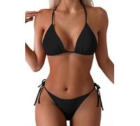 Tainehs Maillot de bain pour femme avec haut triangle et string avec liens à nouer sur les deux côtés, noir, Taille M