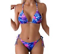 Tainehs Maillot de Bain pour Femme avec Haut Triangle et String avec Liens à Nouer sur Les Deux côtés, Fleurs Roses, Taille L