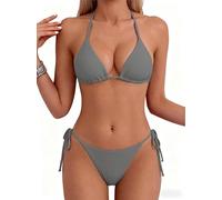 Tainehs Maillot de Bain pour Femme avec Haut Triangle et String avec Liens à Nouer sur Les Deux côtés, Gris Clair, Taille M