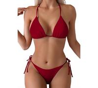 Tainehs Maillot de Bain pour Femme avec Haut Triangle et String avec Liens à Nouer sur Les Deux côtés, Rouge vin, Taille M