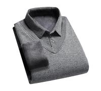 Tainrunse Pull pour homme avec col de chemise automne hiver faux deux pièces manches longues revers peluche épaisse chaude rayée bouton élastique père, gris, L