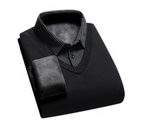 Tainrunse Pull pour homme avec col de chemise automne hiver faux deux pièces manches longues revers peluche épaisse chaude rayée bouton élastique père, Noir , XXL