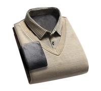 Tainrunse Pull pour homme avec col de chemise automne hiver faux deux pièces manches longues revers peluche épaisse chaude rayée bouton élastique père, kaki clair, XXL