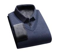 Tainrunse Pull pour homme avec col de chemise automne hiver faux deux pièces manches longues revers peluche épaisse chaude rayée bouton élastique père, bleu marine, 3XL