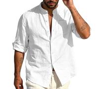 TAIOYHD Mens Guayabera Shirt Linen Blend Mandarin Collar Casual Long Sleeve Summer Beach Shirts Cuban Style Top with Pocket(Blanc,XXL)