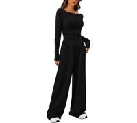 TAITUS Ensemble Deux Pièces Pour Femmes T-shirt Asymétrique à Manches Longues et Jambes Larges,Jogging Pour Femmes Casual Monochrome Ensemble de Pantalons Deux Pièces (Noir,M)