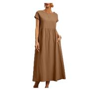 TAITUS Femmes D’été Casual Midi Robes en Lin À Manches Courtes Col Ras du Cou Couleur Unie Tunique Ample Robes De Plage avec Poches (Khaki,XX-Large)