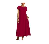 TAITUS Femmes D’été Casual Midi Robes en Lin À Manches Courtes Col Ras du Cou Couleur Unie Tunique Ample Robes De Plage avec Poches (Wine Red,Medium)