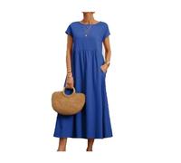 TAITUS Femmes D’été Casual Midi Robes en Lin À Manches Courtes Col Ras du Cou Couleur Unie Tunique Ample Robes De Plage avec Poches (Blue,XX-Large)