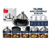 Tajine 26 cm avec Couvercle Conique en Inox - Base Noire Mouchetée - 2 Poignées Latérales