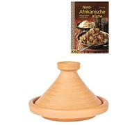 Tajine marocain pour cuisiner + livre de recettes | Cocotte non émaillée Aladin Ø 35 cm pour 6 à 8 personnes | Avec livre de recettes de cuisine africaine du Nord | Pot en terre cuite d'origine