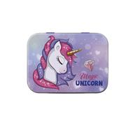 TAKE CARE - Licorne, Boîte en Métal de Pansements, Pailletés, Prédécoupés, Enfants, Junior, Boite de 24 Pansements, 10,9 x 8 x H.2 cm