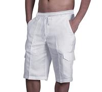 Take Idea Short de course pour homme en coton et lin - Bermuda de jogging pour homme - Short d'été - Short de plage - Short de sport respirant, Blanc., L
