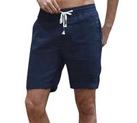 Take Idea Short de plage en coton et lin pour homme - Pantalon de sport respirant - Short de course pour garçon - Bermuda de jogging - Short d'été, Marine, L