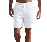 Take Idea Short de Plage en Coton et Lin Pour Homme - Respirant - Course - Bermuda - Pantalon de Jogging - Short d'Été, Blanc, L