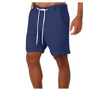 Take Idea Short de sport court pour homme - En coton et lin - Coupe droite - Avec cordon de serrage - Respirant - Pour la plage et les loisirs, Marine, XL