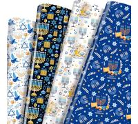 TAKEALOOKO Hanoukka Lot de 12 feuilles de papier cadeau Motif étoile de David et bougies Bleu 50 x 70 cm