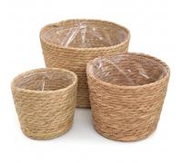 Takingup Panier à Plantes, 3 pièces en jonc de mer tissé à la Main, Pot de Plantes en Osier avec Doublure en Plastique pour d'intérieur, Maison, Cuisine, Patio, Pot en Osier Beige
