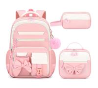 Takingup Sac à dos à nœud pour filles, cartable d'école 3 pièces avec sac déjeuner et trousse crayons, ensemble de dos Rose pour filles et adolescents mignons