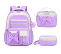 Takingup Sac à dos à nœud pour filles, cartable d'école 3 pièces avec sac déjeuner et trousse crayons, mignons enfants adolescents, ensemble de dos violet pour filles