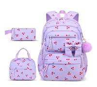 Takingup Sac à dos cerise, 3 pièces/ensemble, joli sac à dos en velours côtelé avec repas et trousse crayons pour filles et femmes, livres violet pour filles