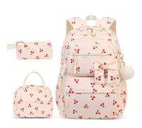 Takingup Sac à dos cerise, 3 pièces/ensemble, joli sac à dos en velours côtelé avec repas et trousse crayons pour filles et femmes, livres Beige pour filles
