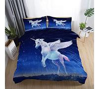 TAKOLI Housse de Couette 180 x 200cm Enfant Ailes de Licorne 3D Parure de Lit 2 Personne Licorne Ciel Étoilé avec Fermeture Éclair et 2 Taies d'oreill, 100% Microfibre