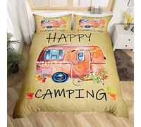 TAKOLI Housse de Couette 180 x 200cm Enfant Joyeux Camping Parure de Lit 2 Personne Campervans Traveling Cars avec Fermeture Éclair et 2 Taies d'oreill, 100% Microfibre