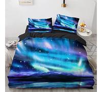TAKOLI Housse de Couette 200 x 200cm Adulte Imprimé Aurore Boréale Parure de Lit 2 Personne Aurore Boréale Nuit Étoilée avec Fermeture Éclair et 2 Taies d'oreill, 100% Microfibre