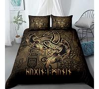 TAKOLI Housse de Couette 220 x 240cm Adulte Imprimé Corbeau Viking Parure de Lit 2 Personne Nœud Celtique Viking 3D avec Fermeture Éclair et 2 Taies d'oreill, 100% Microfibre