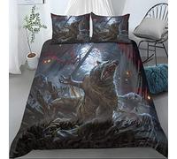 TAKOLI Housse de Couette 220 x 240cm Adulte Loup-Garou Imprimé en 3D Parure de Lit 2 Personne Loup Viking avec Fermeture Éclair et 2 Taies d'oreill, 100% Microfibre