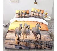 TAKOLI Housse de Couette Cheval Imprimé Parure de Lit Cheval Blanc Imprimé 3D 2 pièces Ensemble de Literie Chevaux de Plage 1 Personne avec 1 Taie D'Oreill Enfant Adulte 140 x 200cm