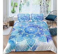 TAKOLI Housse de Couette Mandala Bleu 200 x 200cm Enfant Adulte Aquarelle Motif Fleur de Lotus Parure de Lit Bohème Ensemble de Literie 2 Personne avec 2 Taies D'Oreill 3 pièces