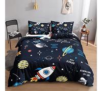 TAKOLI Housse de Couette Planète Espace Parure de Lit Thème Fusées Espace 3 pièces Ensemble de Literie Étoiles 3D 2 Personne avec 2 Taies D'Oreill Enfant Adulte 220 x 240cm