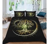 TAKOLI Parure de Lit 200 x 200cm Arbre De Vie, Microfibre Sets de Housse de Couette Adulte Soleil Lune, 3 pièces Ensemble de LiterieNoir Et Or avec 2 Taies d'oreiller pour 2 Personne
