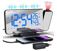 TAKRINK Reveil Projecteur Plafond 180° Radio Réveil Projecteur Plafond avec FM 2 Alarmes Snooze Charge USB Réveil Numérique LED Écran Miroir 4 Niveaux de Luminosité 12/24H Cadeaux de Noël pour Enfants